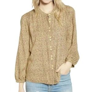 Hinge Blouse Prairie Boho Size 1 Button Down Shirt Top Yellow Floral Long Sleeve
